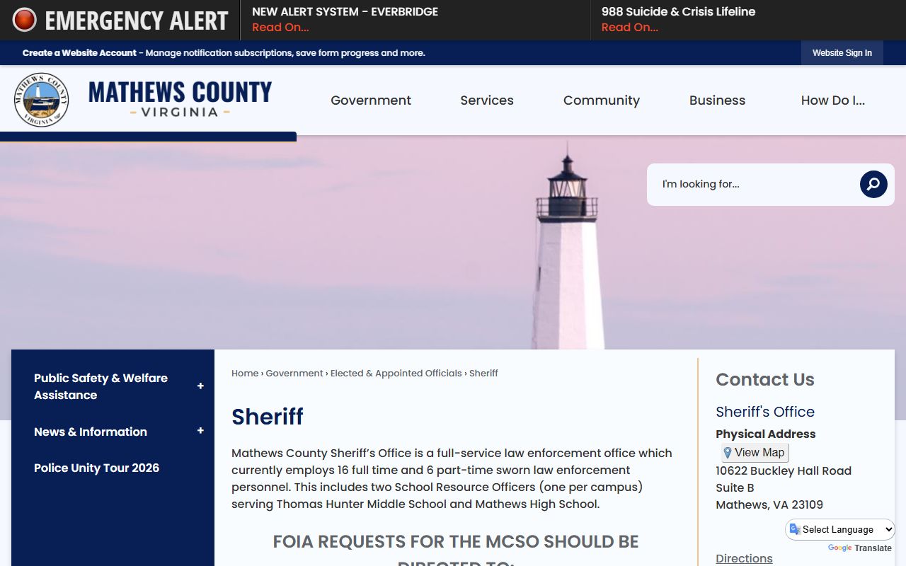 Mathews County Sheriff's Office FOIA and inmate population contact information