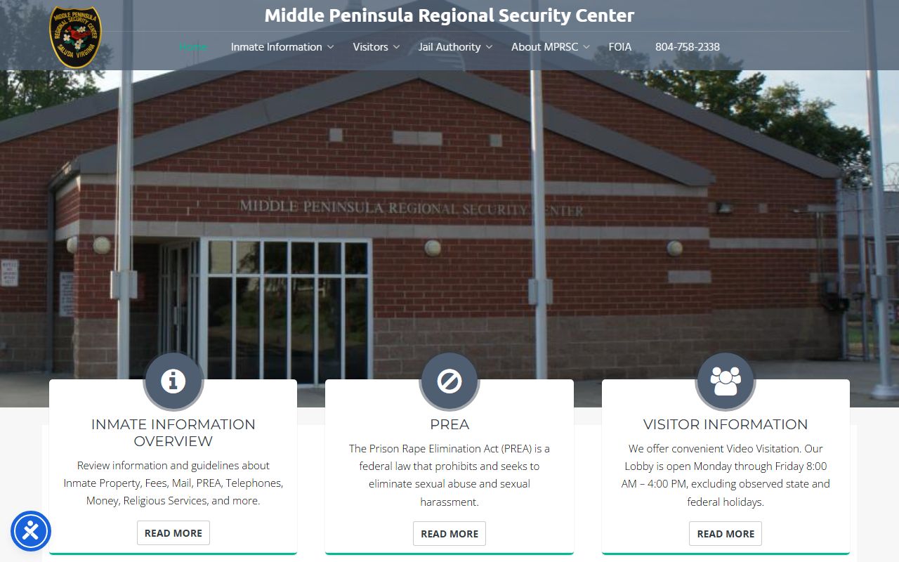Middle Peninsula Regional Security Center Mathews County inmate population facility home page