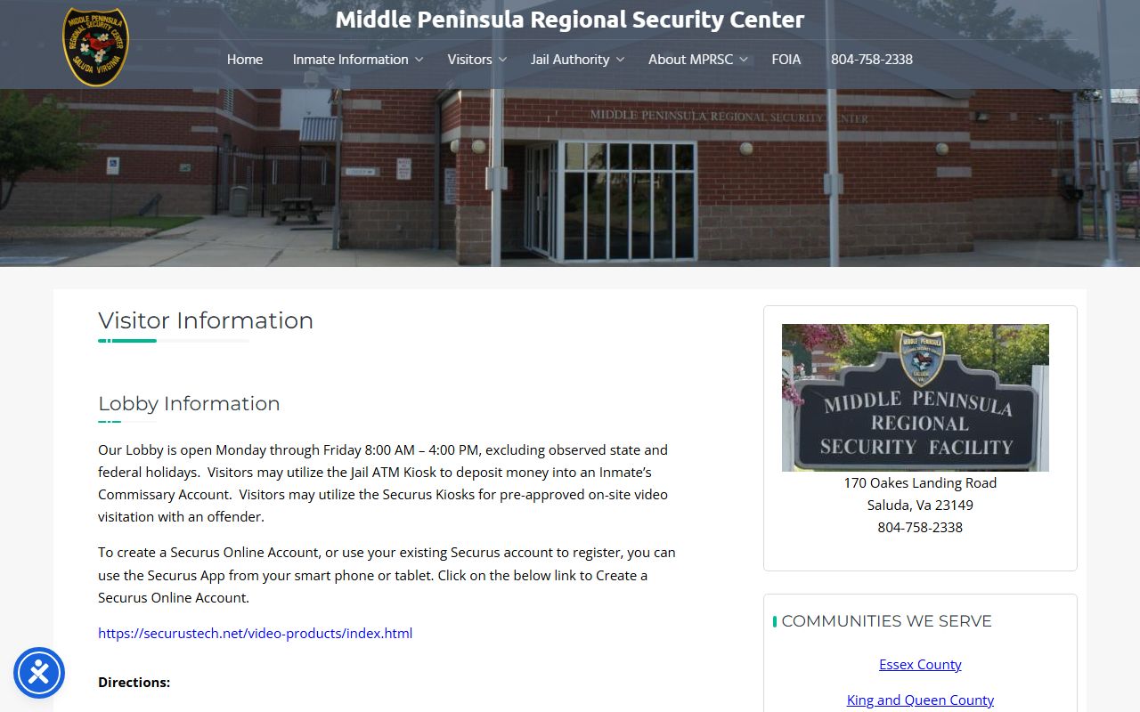 Mathews County inmate records visitation schedule at Middle Peninsula Regional Security Center